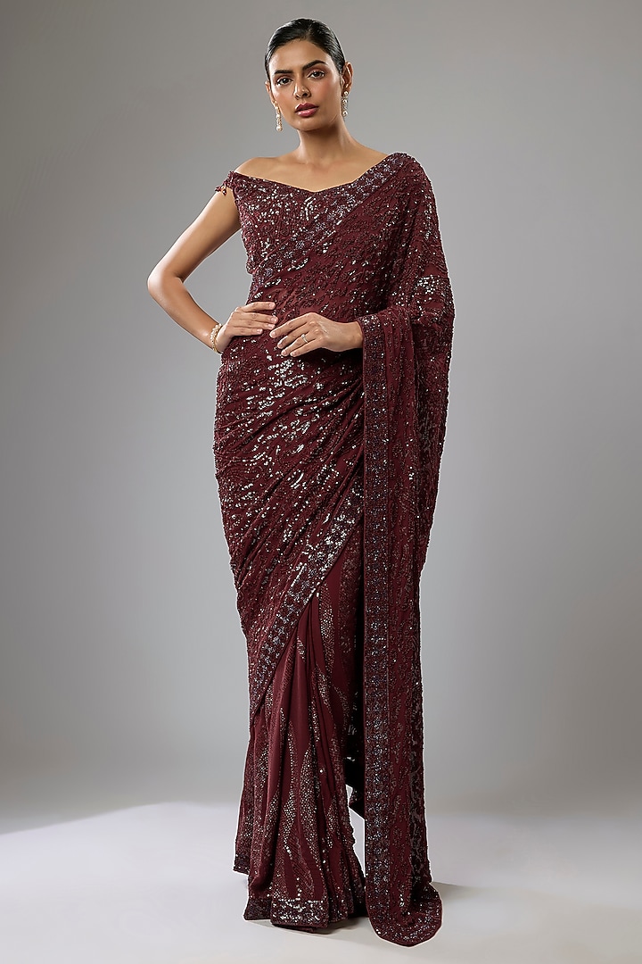 Ox Blood Red Georgette Hand Embroidered Reception Saree Set by Rabani & Rakha at Pernia's Pop Up Shop