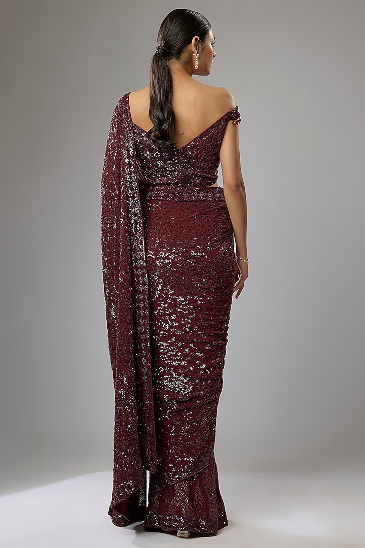 Ox Blood Red Georgette Hand Embroidered Reception Saree Set by Rabani & Rakha at Pernia's Pop Up Shop