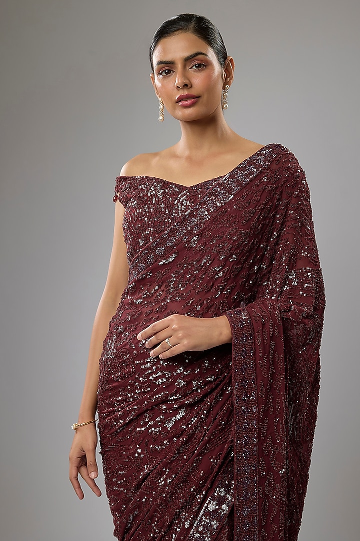 Ox Blood Red Georgette Hand Embroidered Reception Saree Set by Rabani & Rakha at Pernia's Pop Up Shop