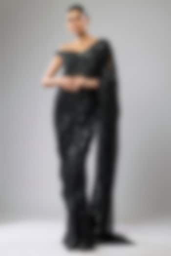 Black Georgette Hand Embroidered Reception Saree Set by Rabani & Rakha at Pernia's Pop Up Shop