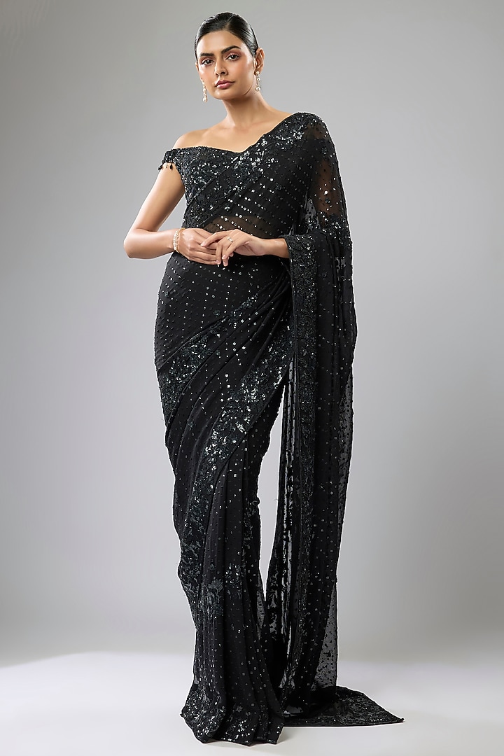 Black Georgette Hand Embroidered Reception Saree Set by Rabani & Rakha at Pernia's Pop Up Shop