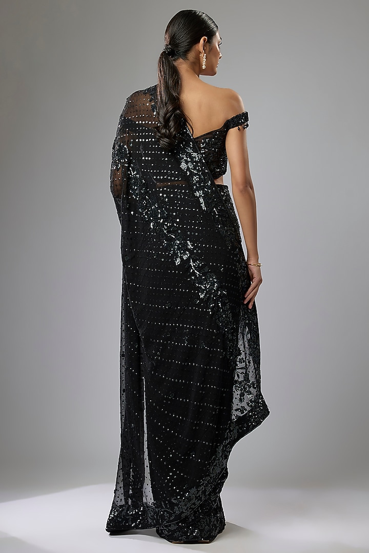 Black Georgette Hand Embroidered Reception Saree Set by Rabani & Rakha at Pernia's Pop Up Shop