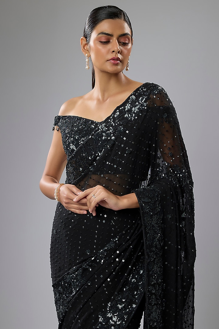 Black Georgette Hand Embroidered Reception Saree Set by Rabani & Rakha at Pernia's Pop Up Shop