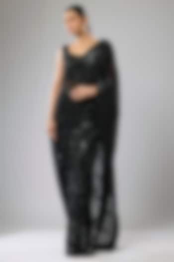 Black Georgette Hand Embroidered Reception Saree Set by Rabani & Rakha at Pernia's Pop Up Shop