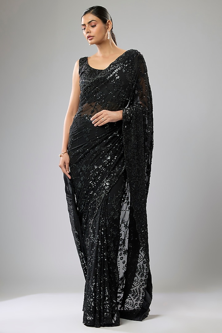 Black Georgette Hand Embroidered Reception Saree Set by Rabani & Rakha at Pernia's Pop Up Shop