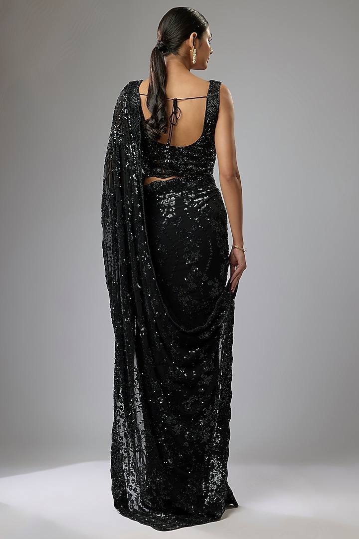 Black Georgette Hand Embroidered Reception Saree Set by Rabani & Rakha at Pernia's Pop Up Shop