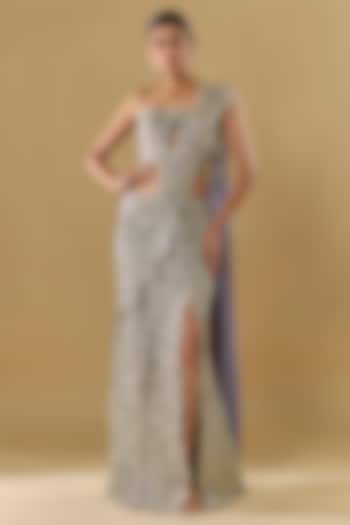 Lilac Shimmer Georgette Sequins Embroidered Pre-Stitched Skirt Reception Saree Set by Rabani & Rakha at Pernia's Pop Up Shop