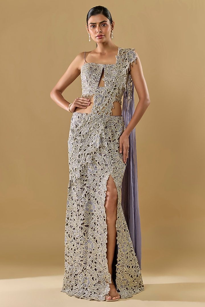 Lilac Shimmer Georgette Sequins Embroidered Pre-Stitched Skirt Reception Saree Set by Rabani & Rakha at Pernia's Pop Up Shop