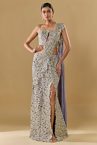 Lilac Shimmer Georgette Sequins Embroidered Pre-Stitched Skirt Saree Set by Rabani & Rakha
