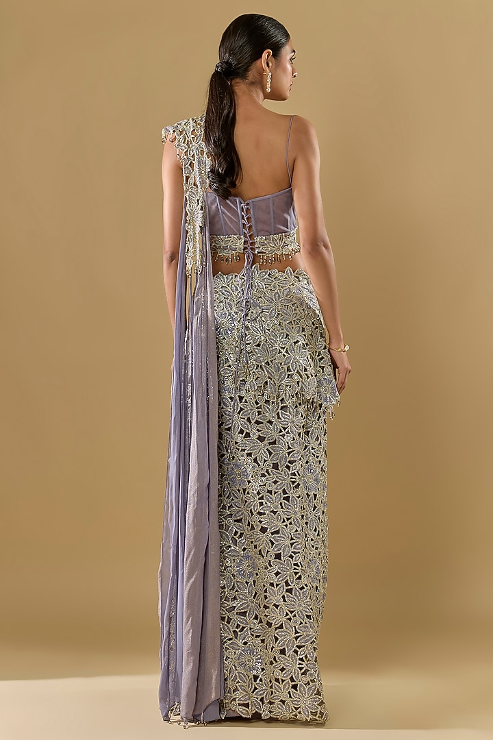 Lilac Shimmer Georgette Sequins Embroidered Pre-Stitched Skirt Reception Saree Set by Rabani & Rakha at Pernia's Pop Up Shop