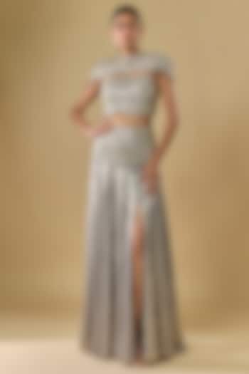 Grey Shimmer Georgette Sequins Embroidered Shoulder Skirt Set by Rabani & Rakha at Pernia's Pop Up Shop