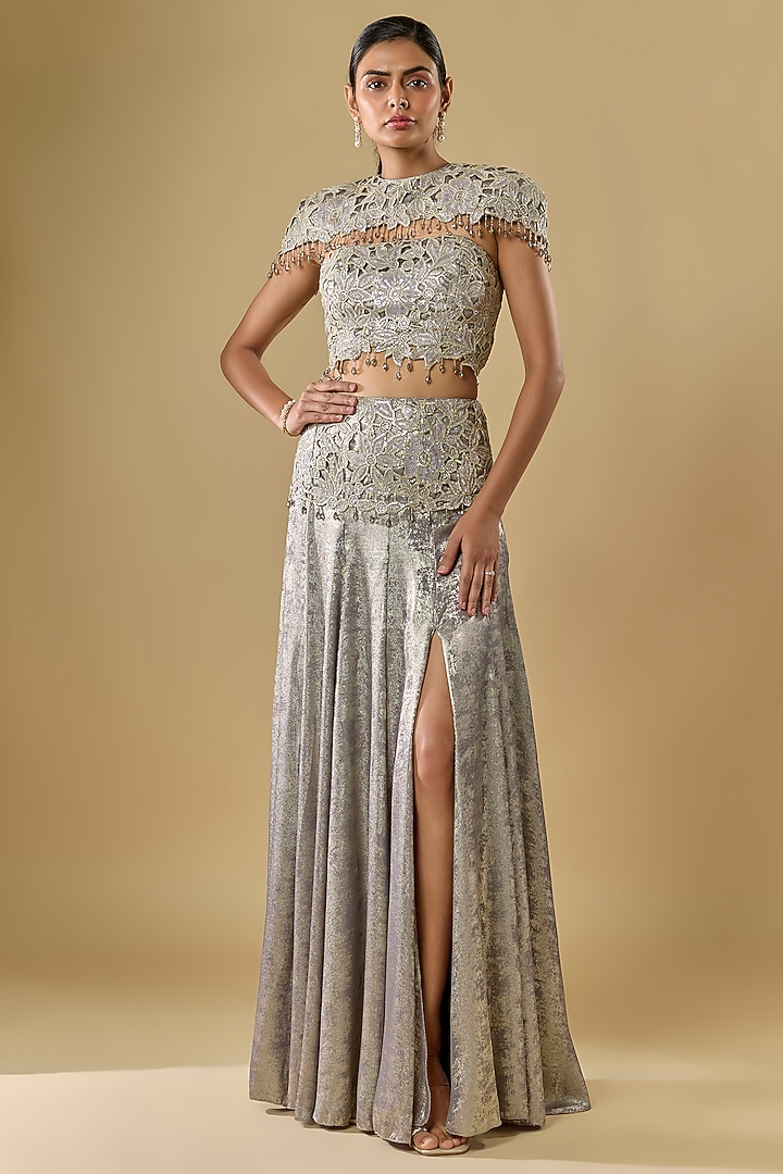 Grey Shimmer Georgette Sequins Embroidered Shoulder Skirt Set by Rabani & Rakha at Pernia's Pop Up Shop