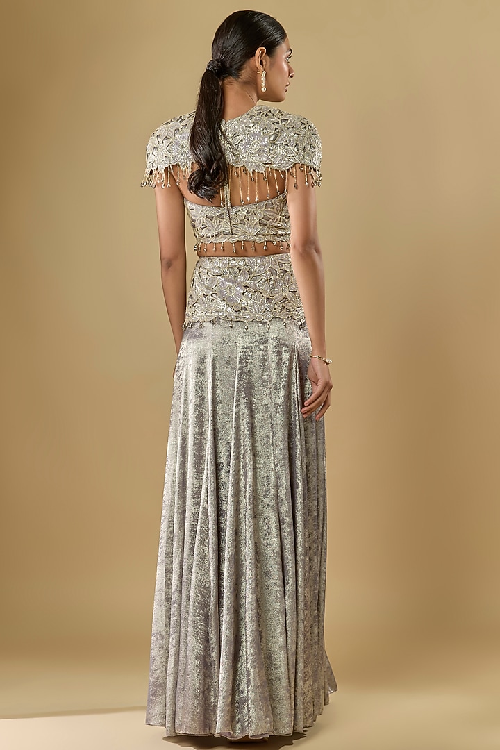 Grey Shimmer Georgette Sequins Embroidered Shoulder Skirt Set by Rabani & Rakha at Pernia's Pop Up Shop