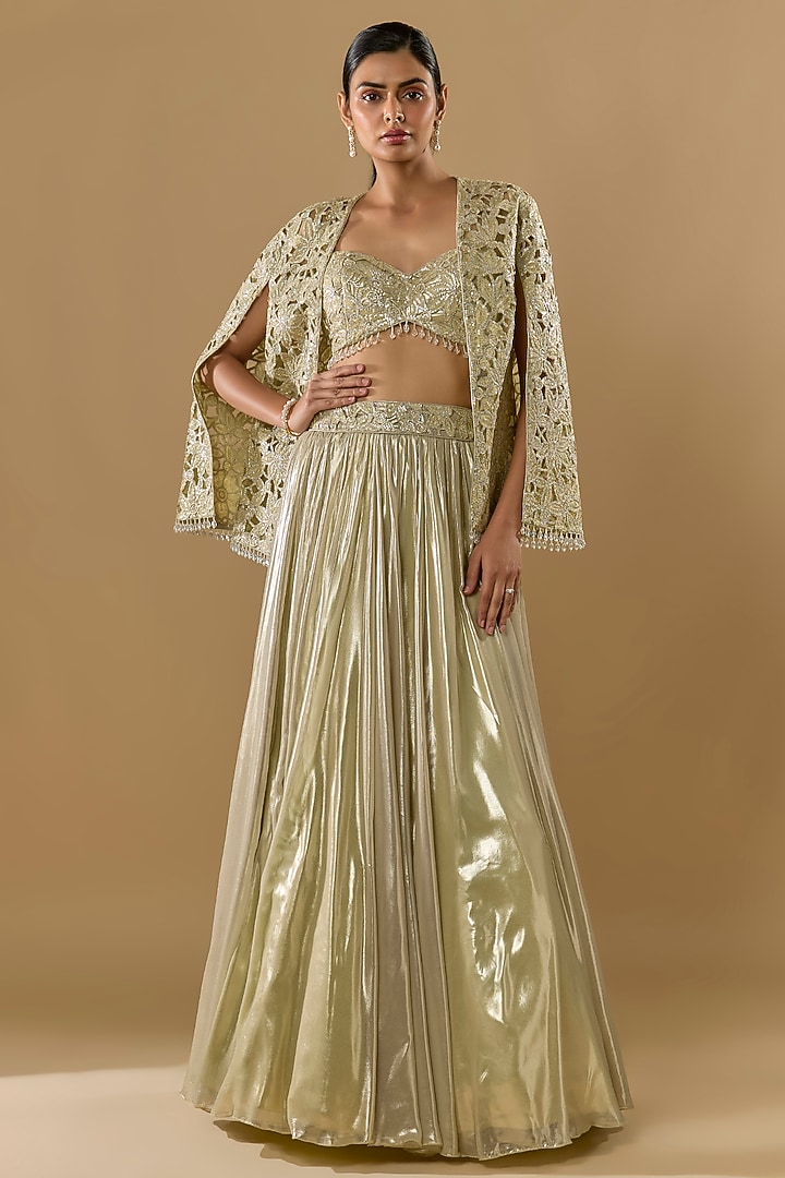 Gold Shimmer Georgette Cutwork Embroidered Skirt Set by Rabani & Rakha at Pernia's Pop Up Shop
