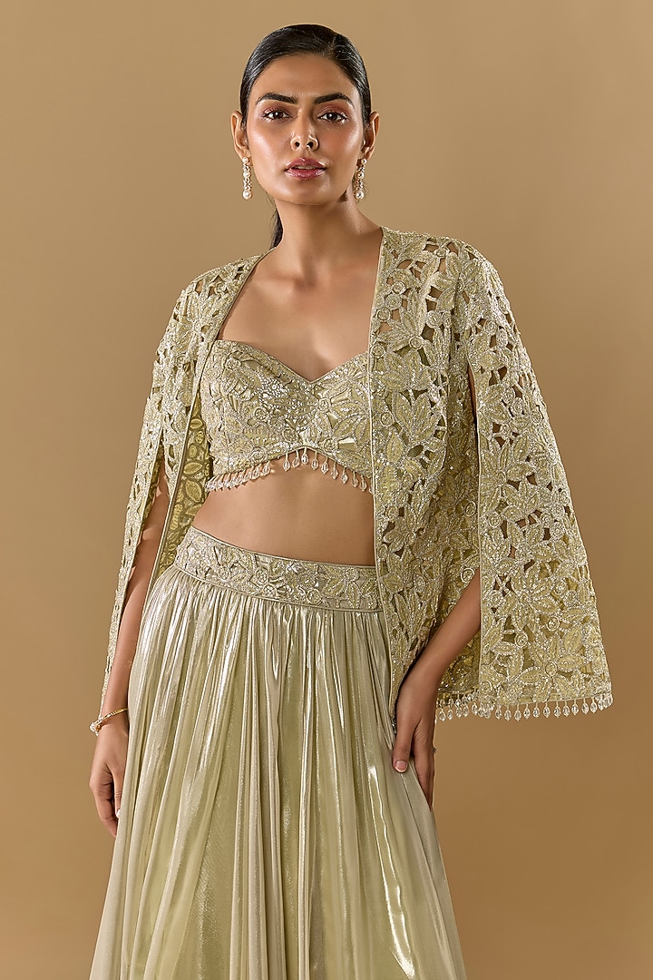 Gold Shimmer Georgette Cutwork Embroidered Skirt Set by Rabani & Rakha at Pernia's Pop Up Shop