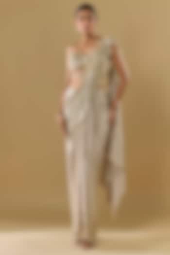 Gold Shimmer Georgette Sequins Embroidered Pre-Stitched Skirt Reception Saree Set by Rabani & Rakha at Pernia's Pop Up Shop