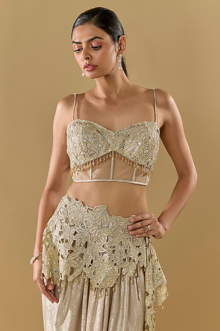 Gold Shimmer Georgette Sequins Embroidered Pre-Stitched Skirt Reception Saree Set by Rabani & Rakha at Pernia's Pop Up Shop