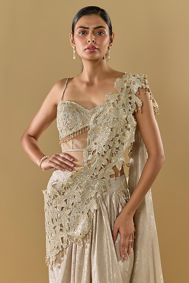 Gold Shimmer Georgette Sequins Embroidered Pre-Stitched Skirt Reception Saree Set by Rabani & Rakha at Pernia's Pop Up Shop