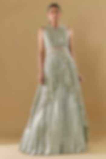 Pale Aqua Shimmer Georgette Sequins Embroidered Skirt Set by Rabani & Rakha at Pernia's Pop Up Shop