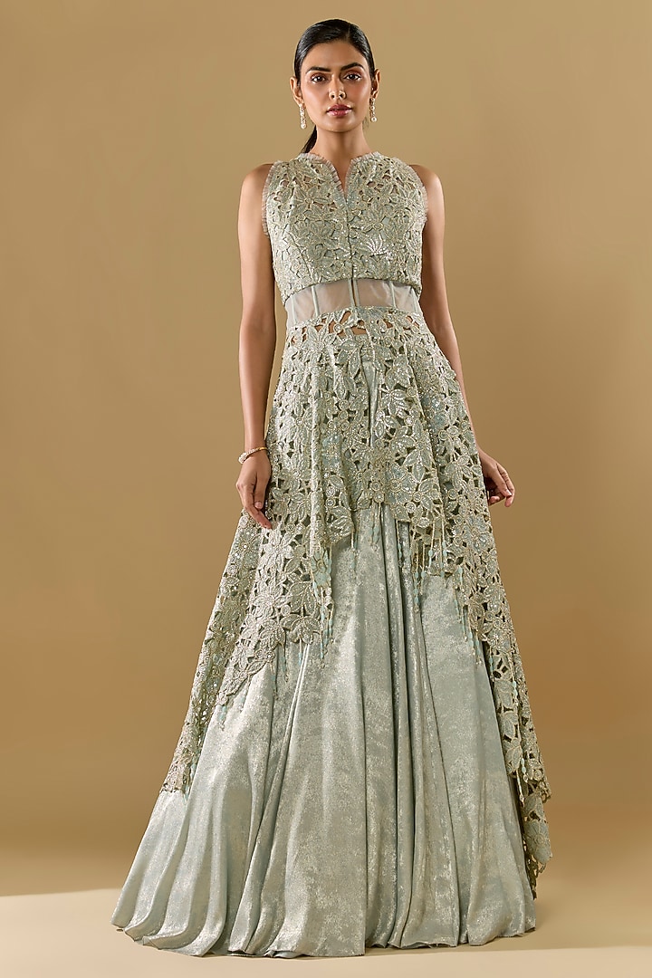 Pale Aqua Shimmer Georgette Sequins Embroidered Skirt Set by Rabani & Rakha at Pernia's Pop Up Shop
