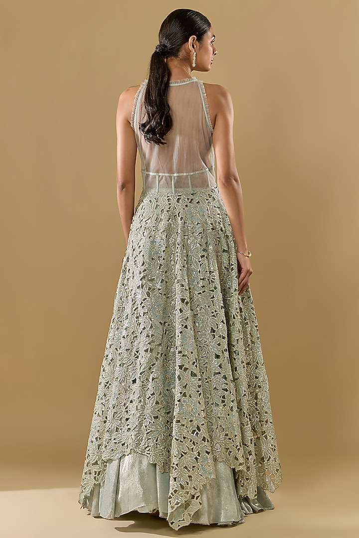 Pale Aqua Shimmer Georgette Sequins Embroidered Skirt Set by Rabani & Rakha at Pernia's Pop Up Shop