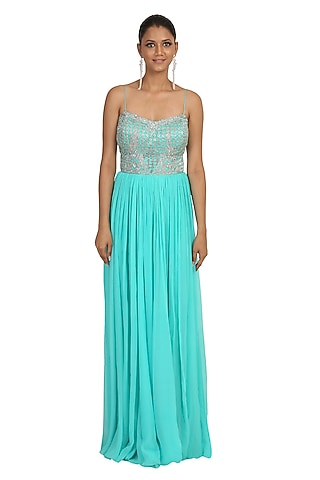 Aqua Embroidered Gown by Rabani & Rakha
