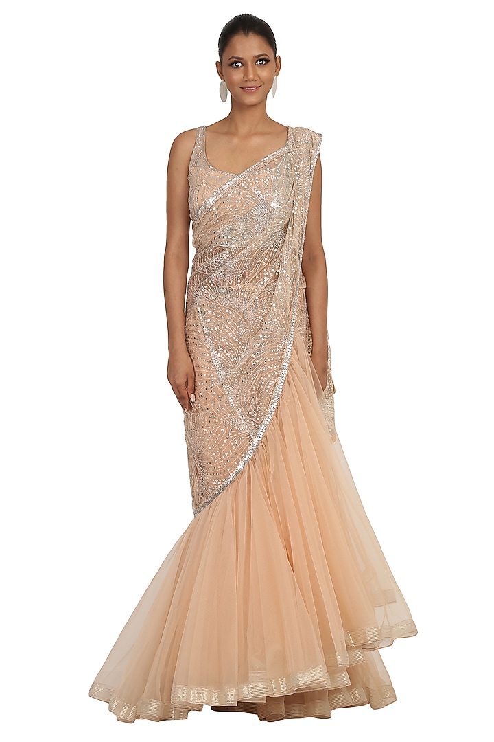 Nude Net Jaal Hand Embroidered Reception Lehenga Saree Set by Rabani & Rakha at Pernia's Pop Up Shop