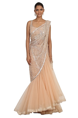 Nude Net Jaal Hand Embroidered Lehenga Saree Set by Rabani & Rakha