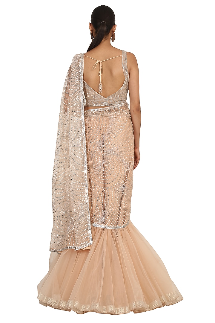 Nude Net Jaal Hand Embroidered Reception Lehenga Saree Set by Rabani & Rakha at Pernia's Pop Up Shop