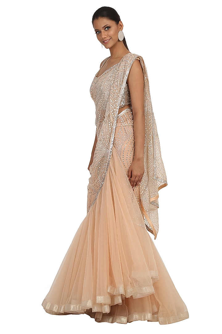 Nude Net Jaal Hand Embroidered Reception Lehenga Saree Set by Rabani & Rakha at Pernia's Pop Up Shop