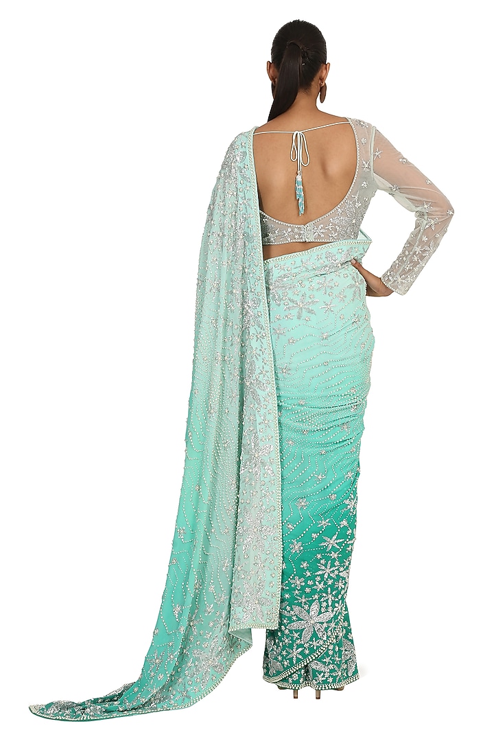 Aqua Shaded Foil Georgette Hand Embroidered Reception Saree Set by Rabani & Rakha at Pernia's Pop Up Shop