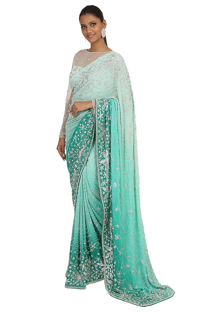 Aqua Shaded Foil Georgette Hand Embroidered Reception Saree Set by Rabani & Rakha at Pernia's Pop Up Shop