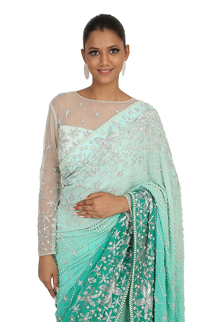Aqua Shaded Foil Georgette Hand Embroidered Reception Saree Set by Rabani & Rakha at Pernia's Pop Up Shop