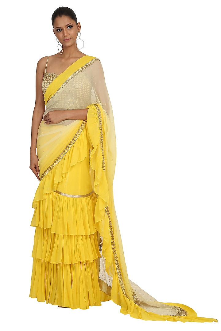 Lemon Yellow Embroidered Lehenga Saree Set by Rabani & Rakha at Pernia's Pop Up Shop