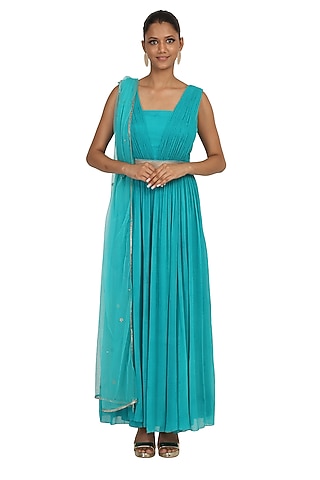 Aqua Blue Embroidered Roughed Anarkali Set by Rabani & Rakha