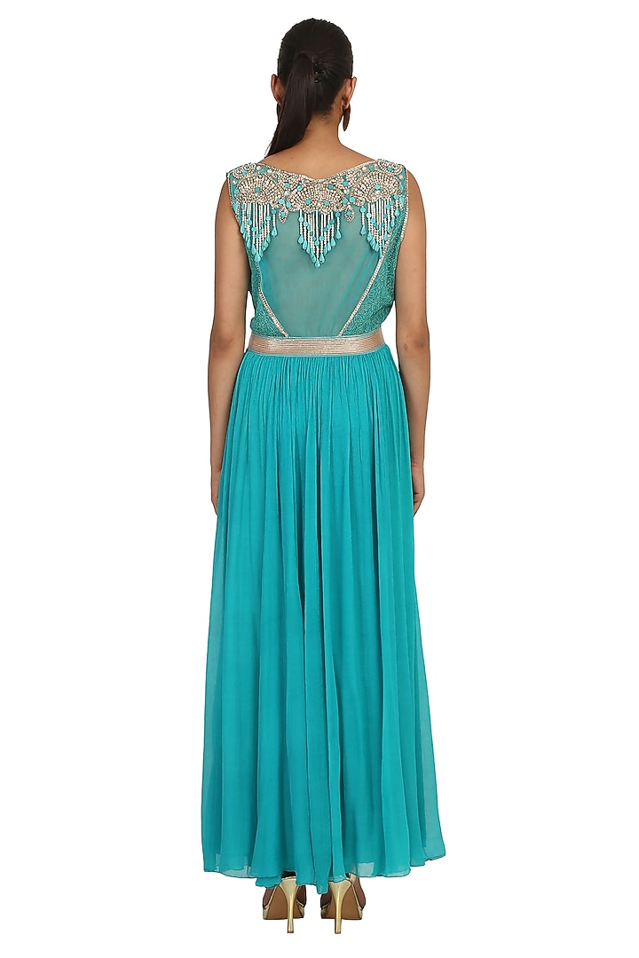 Aqua Blue Embroidered Roughed Wedding Anarkali Set by Rabani & Rakha at Pernia's Pop Up Shop