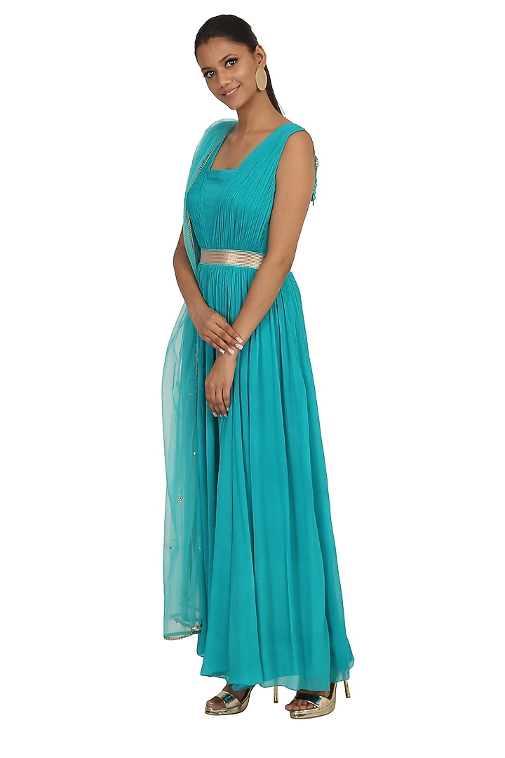 Aqua Blue Embroidered Roughed Wedding Anarkali Set by Rabani & Rakha at Pernia's Pop Up Shop