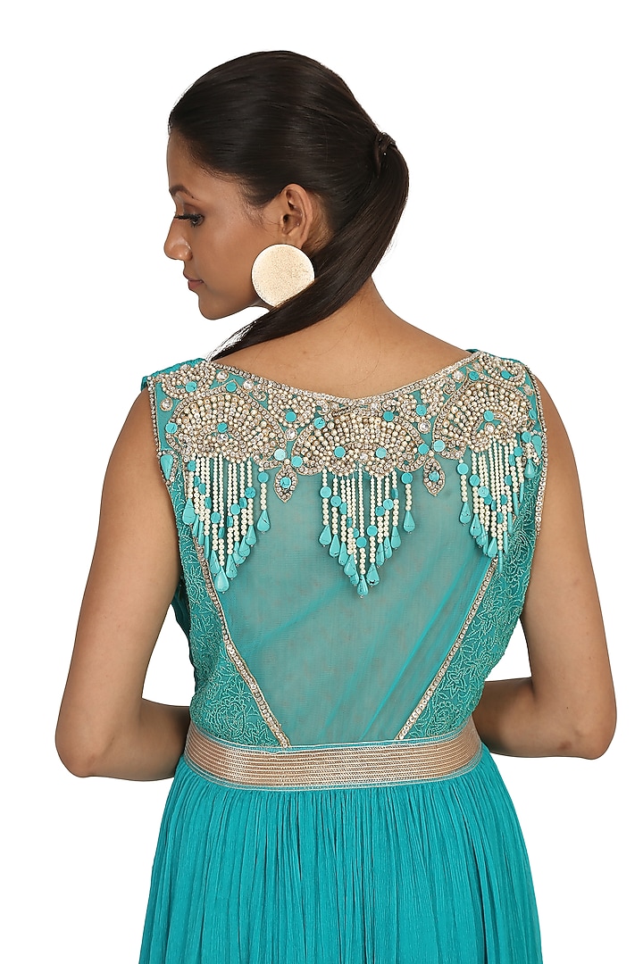 Aqua Blue Embroidered Roughed Wedding Anarkali Set by Rabani & Rakha at Pernia's Pop Up Shop