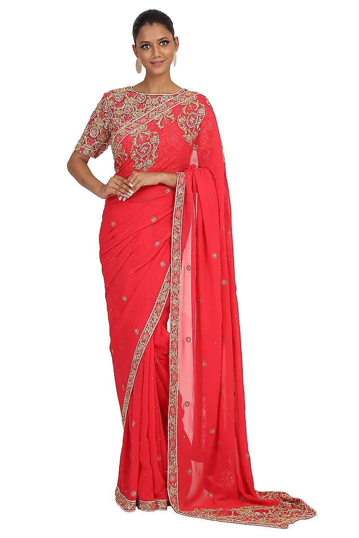 Melon Red Foil Georgette Hand Embroidered Saree Set by Rabani & Rakha