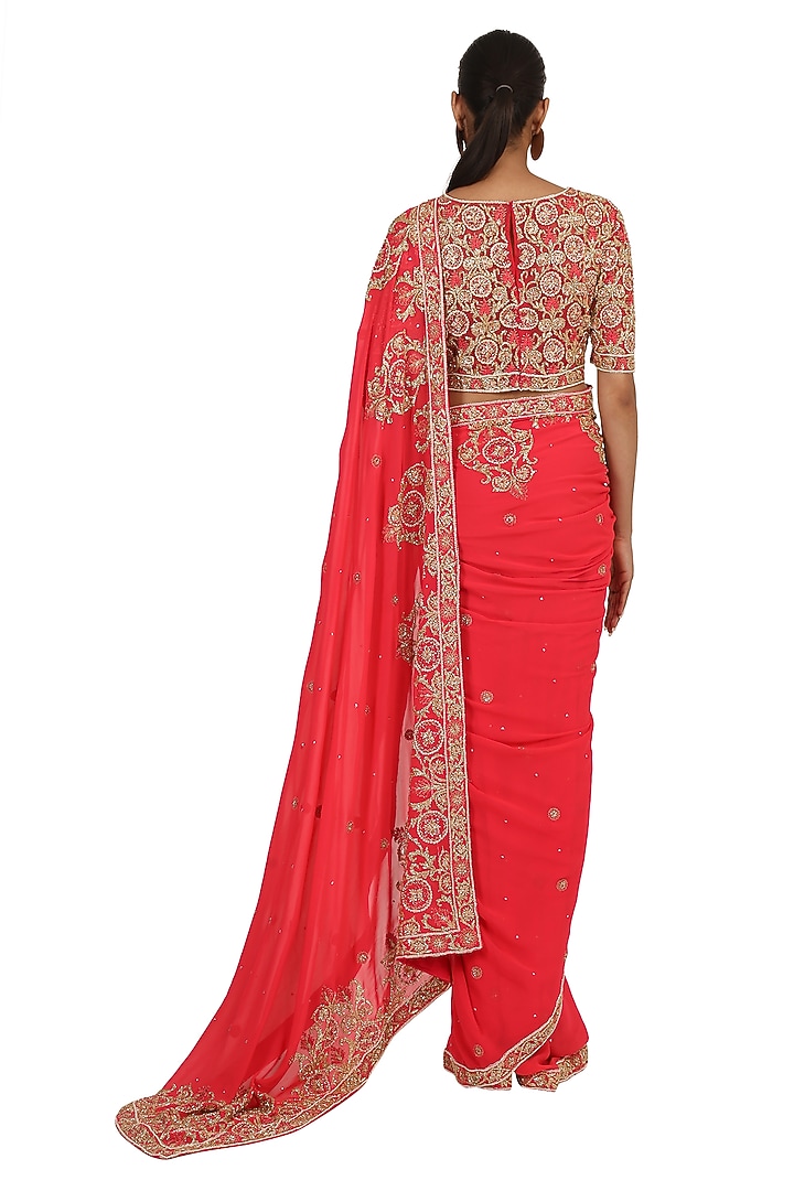 Melon Red Foil Georgette Hand Embroidered Reception Saree Set by Rabani & Rakha at Pernia's Pop Up Shop