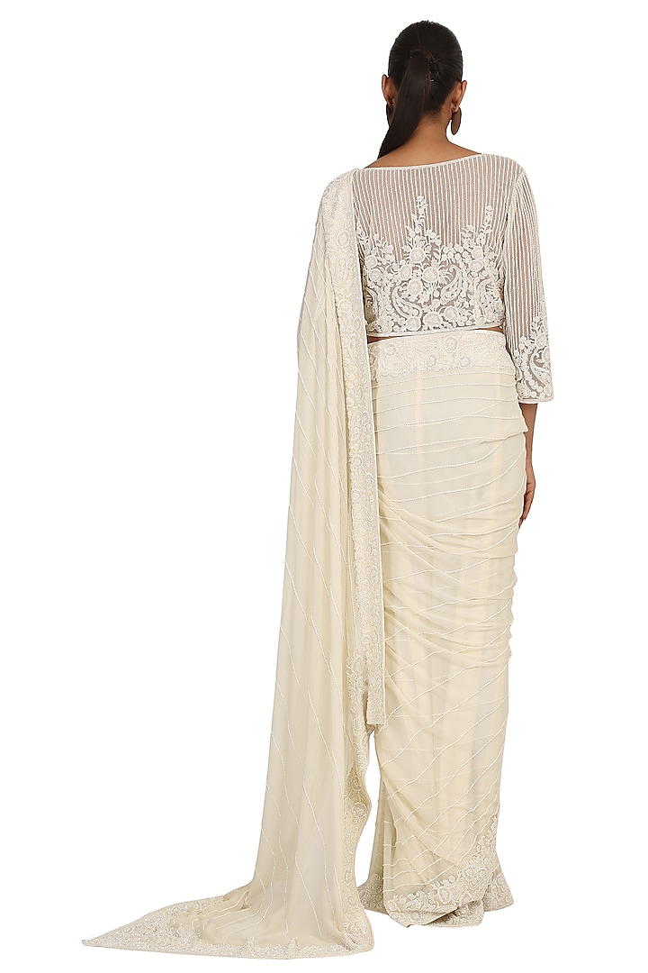 Ivory Chiffon Hand Embroidered Reception Saree Set by Rabani & Rakha at Pernia's Pop Up Shop