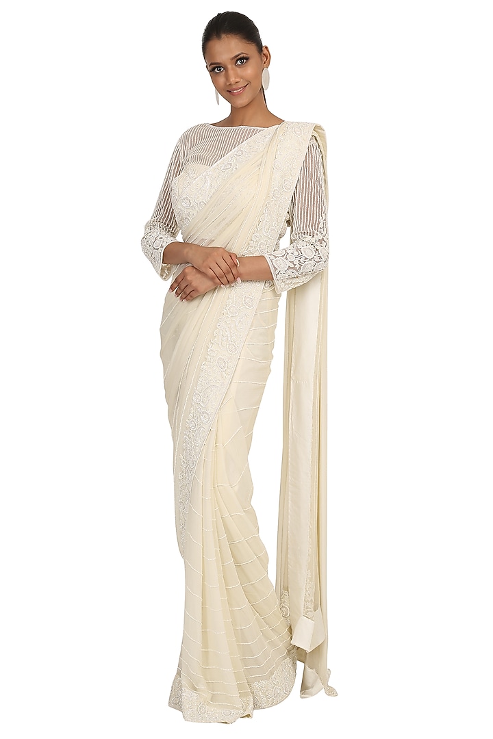 Ivory Chiffon Hand Embroidered Reception Saree Set by Rabani & Rakha at Pernia's Pop Up Shop