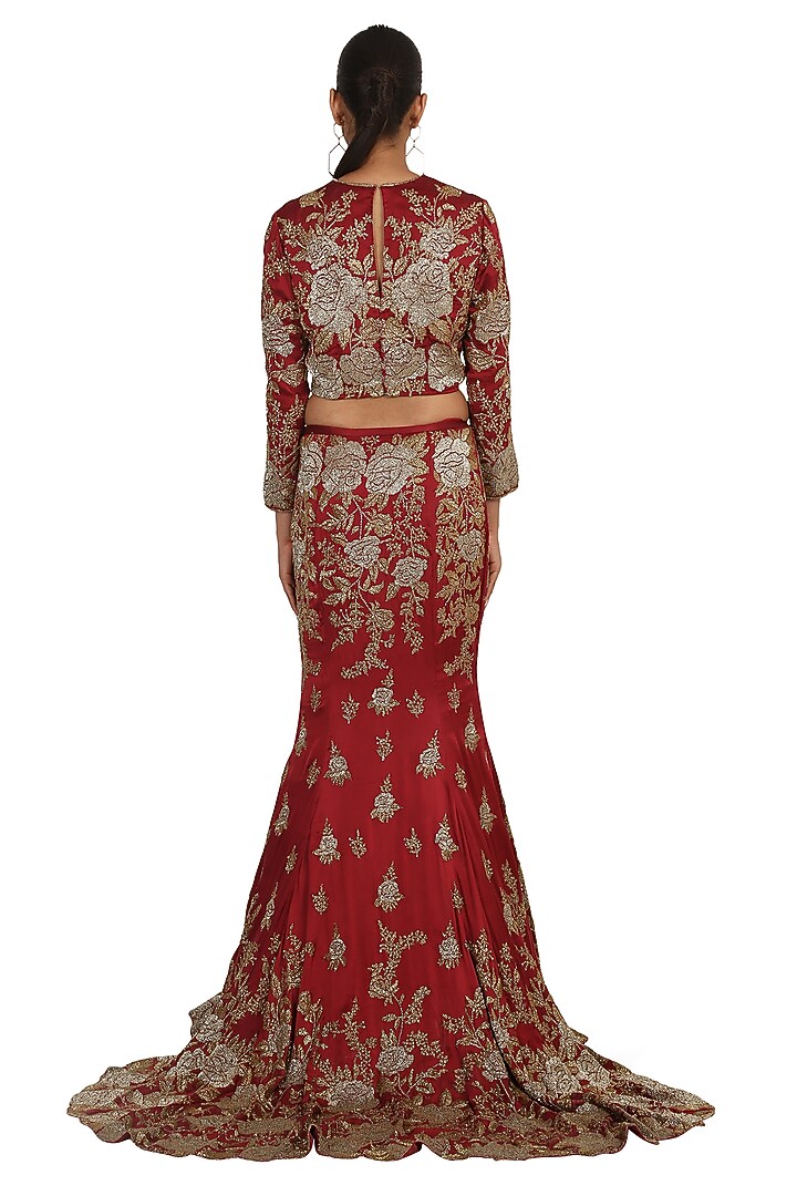 Maroon Embroidered Bridal Lehenga Set by Rabani & Rakha at Pernia's Pop Up Shop