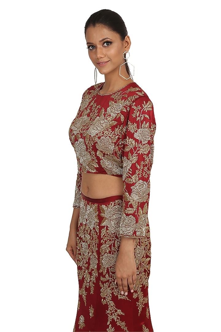 Maroon Embroidered Bridal Lehenga Set by Rabani & Rakha at Pernia's Pop Up Shop