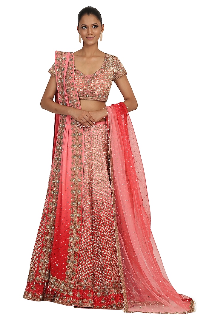 Red Shaded Embroidered Bridal Lehenga Set by Rabani & Rakha at Pernia's Pop Up Shop