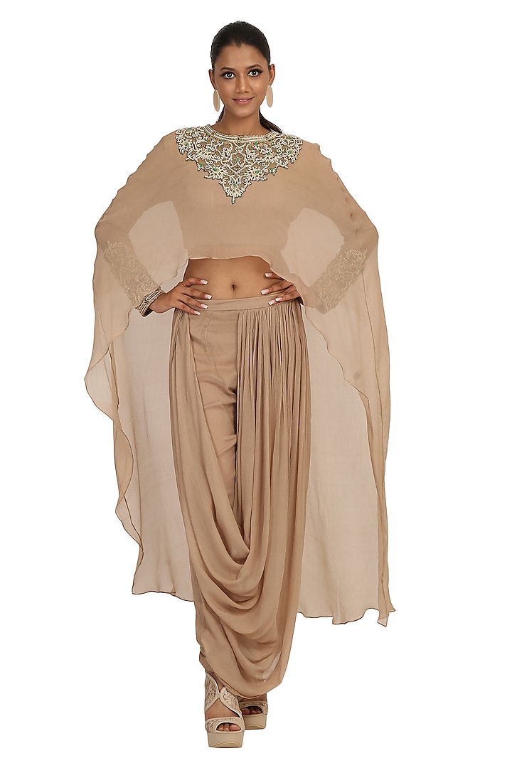 Golden Embroidered Blouse With Attached Cape & Dhoti Pants by Rabani & Rakha