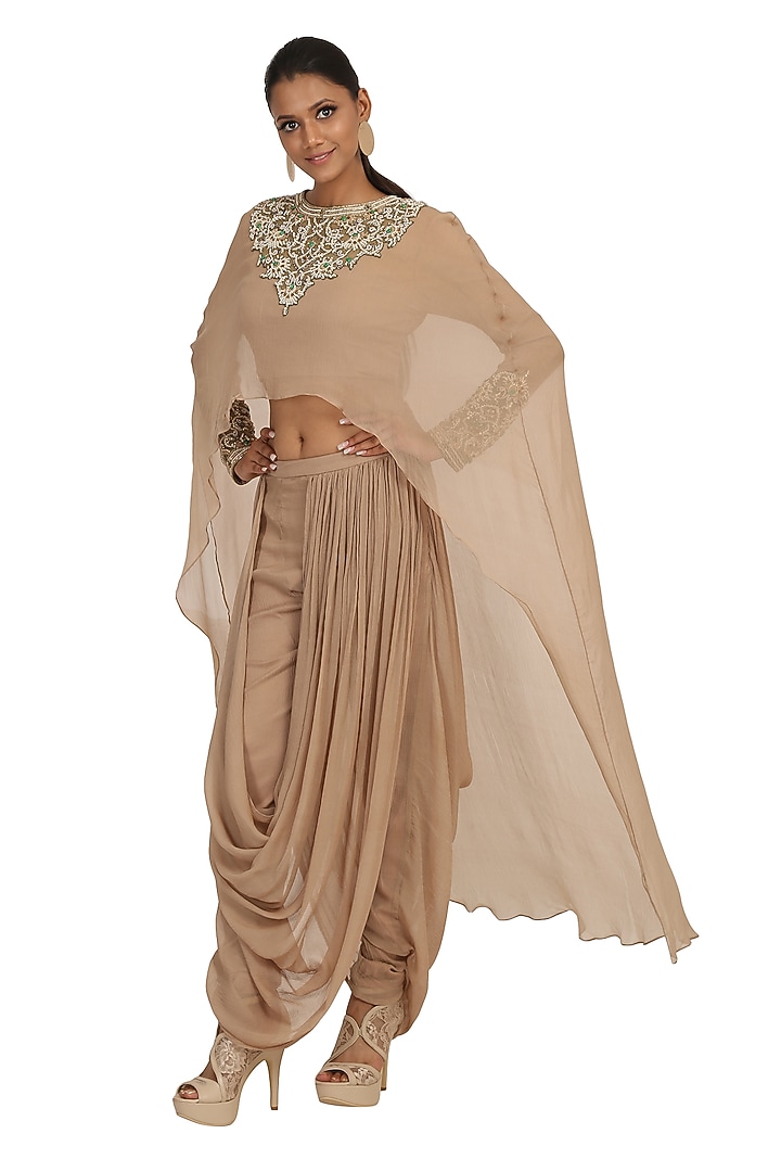 Golden Embroidered Blouse With Attached Cape & Dhoti Pants by Rabani & Rakha at Pernia's Pop Up Shop
