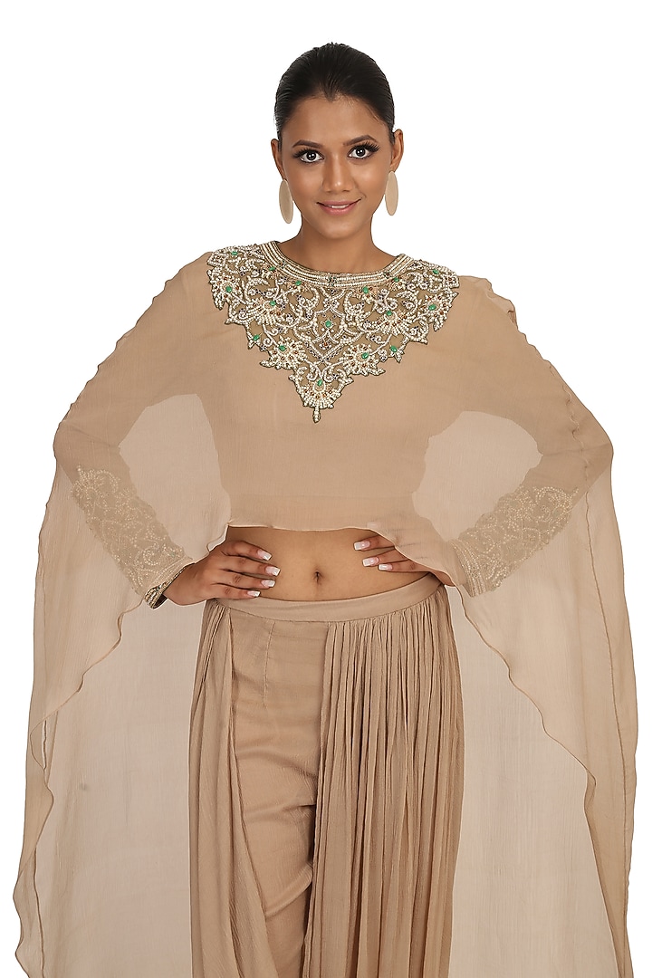 Golden Embroidered Blouse With Attached Cape & Dhoti Pants by Rabani & Rakha at Pernia's Pop Up Shop