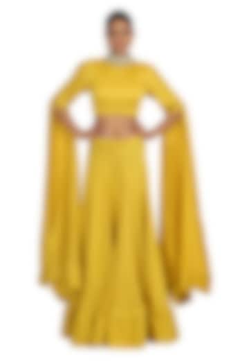 Yellow Embroidered Crop Top With Skirt by Rabani & Rakha