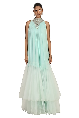 Aqua Blue Embroidered Poof Gown by Rabani & Rakha